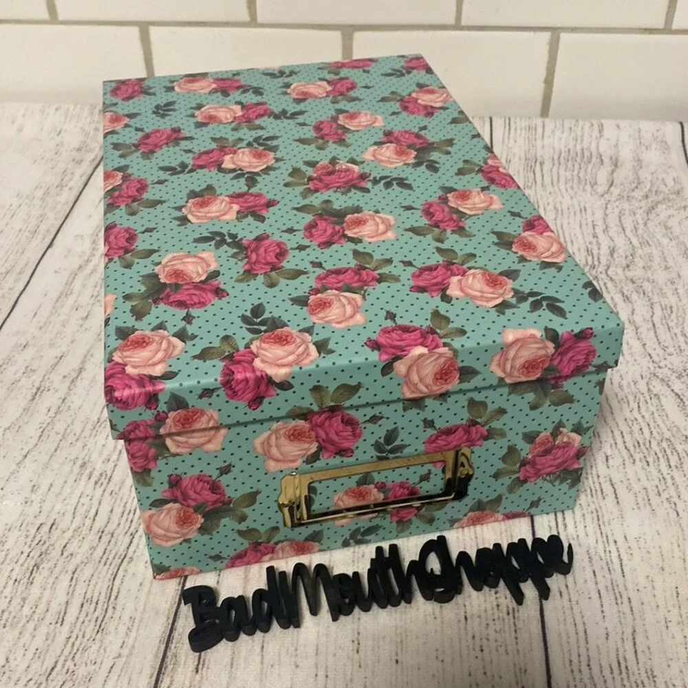 Turquoise Polka Dot and Vintage Pink Floral Photo Storage Display Box